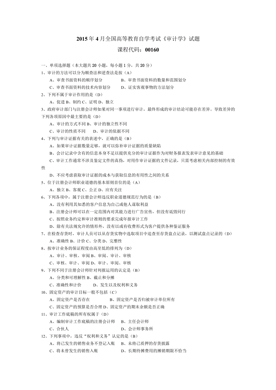 2015年04月自学考试00160《审计学》试题和答案.docx_第1页