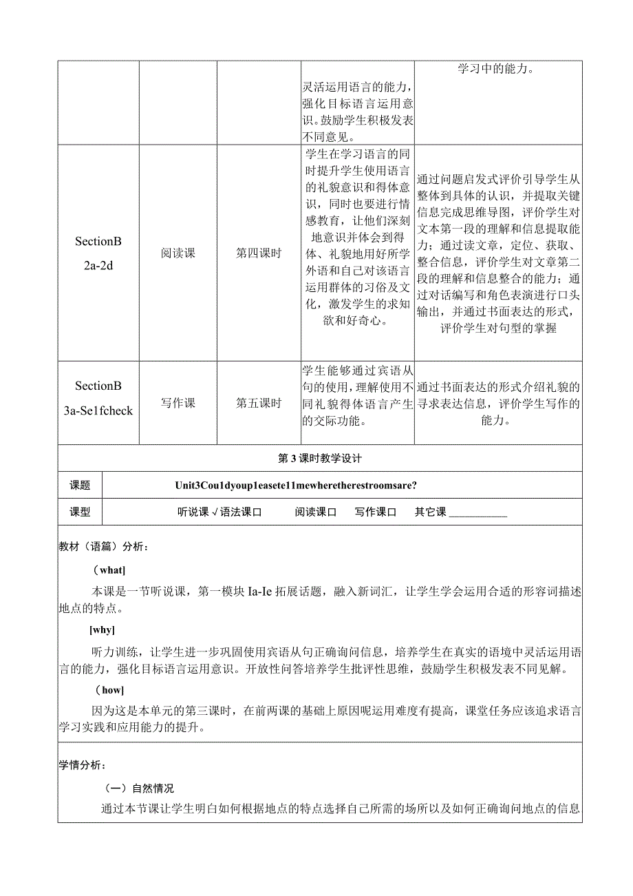 Section B 1a -1e 大单元教学设计Unit 3 Could you please tell me where the restrooms are.docx_第3页