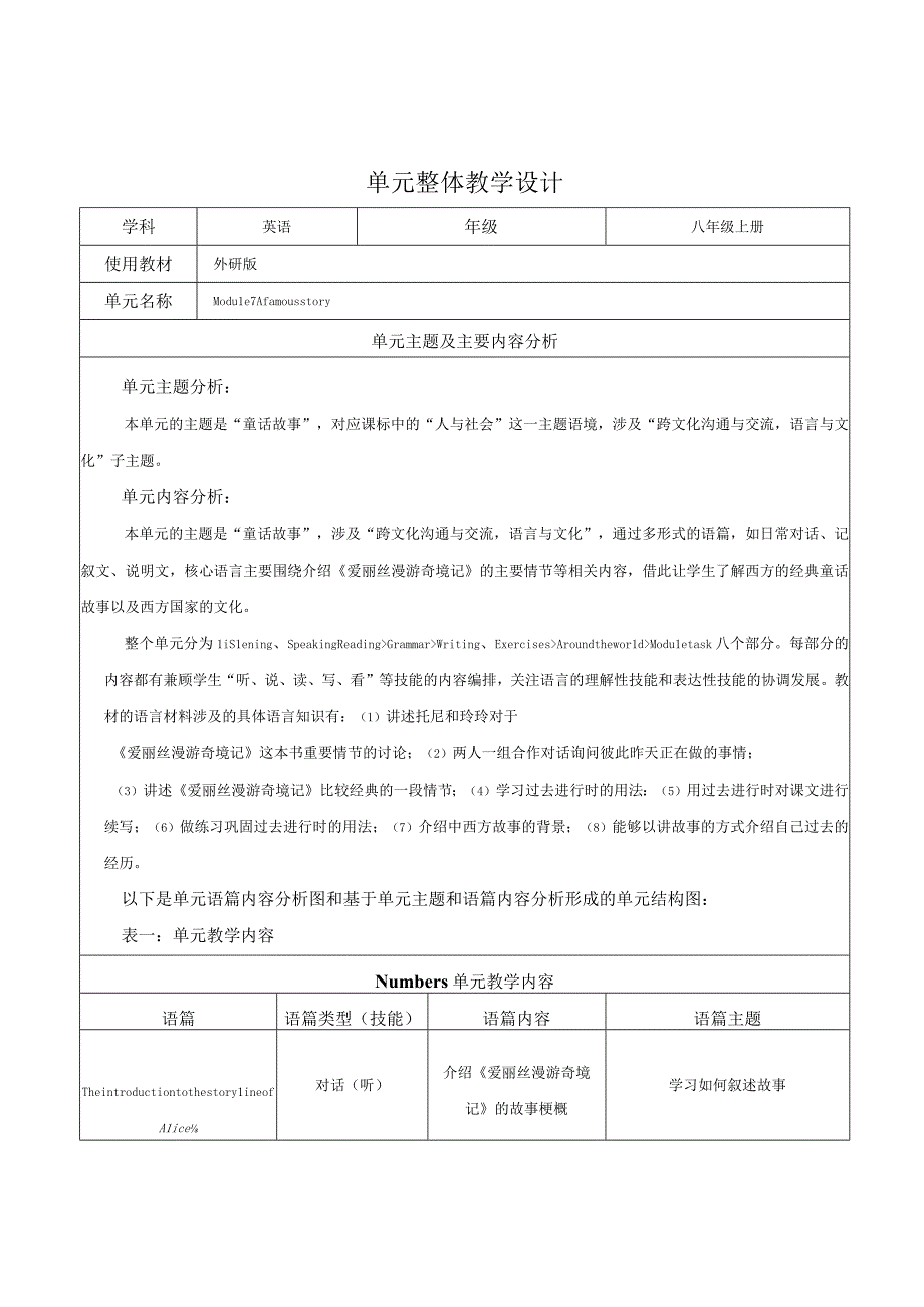 Module 7 A famous story 单元整体教学设计（外研版八上）.docx_第1页