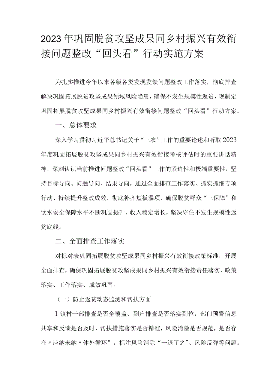 2023年巩固脱贫攻坚成果同乡村振兴有效衔接问题整改“回头看”行动实施方案.docx_第1页