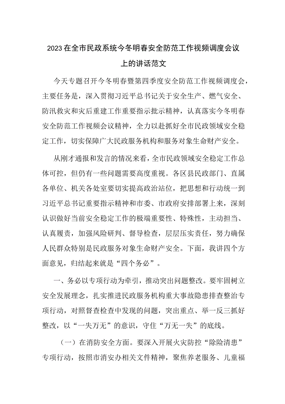 2023在全市民政系统今冬明春安全防范工作视频调度会议上的讲话范文.docx_第1页