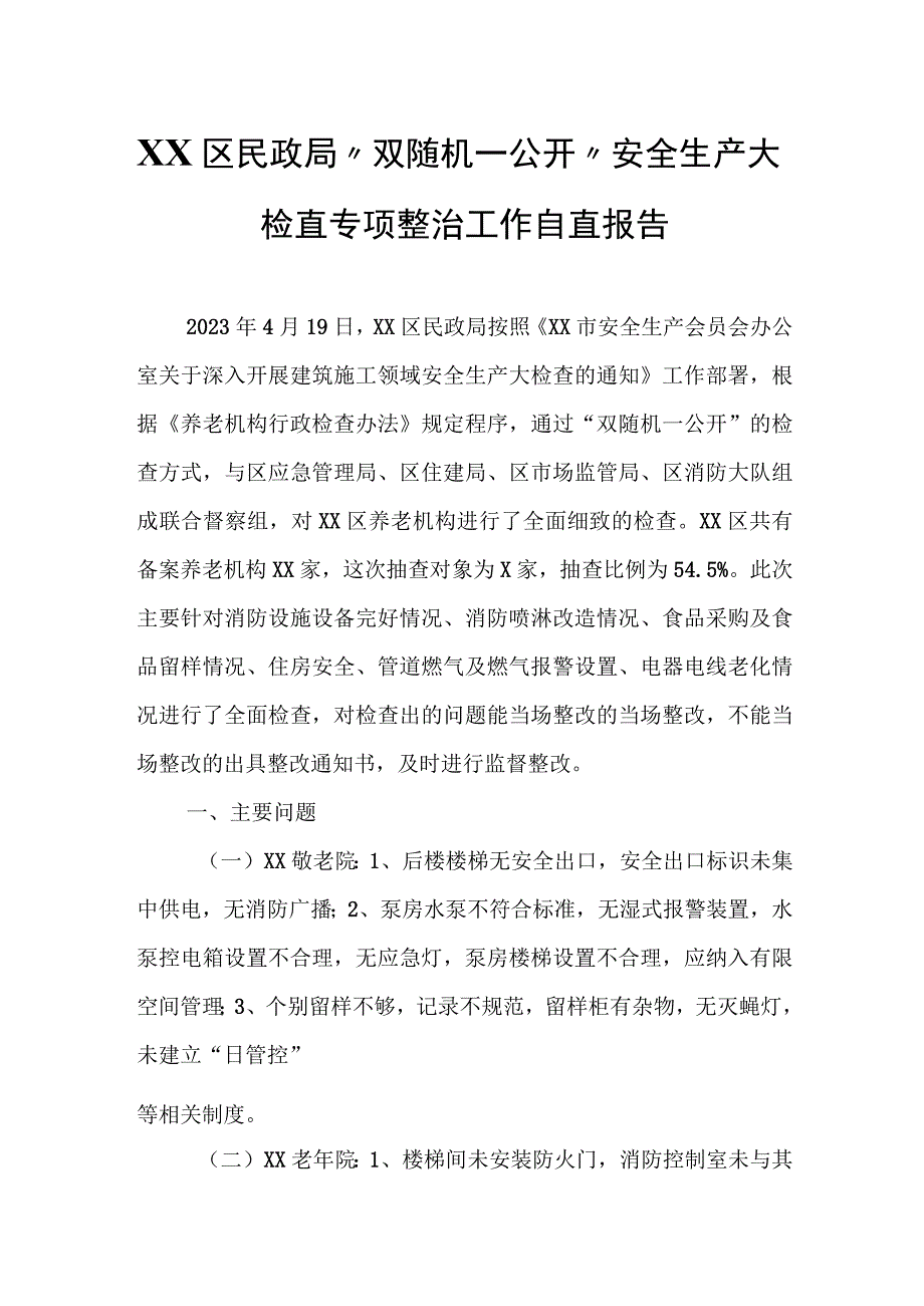 XX区民政局“双随机一公开”安全生产大检查专项整治工作自查报告.docx_第1页