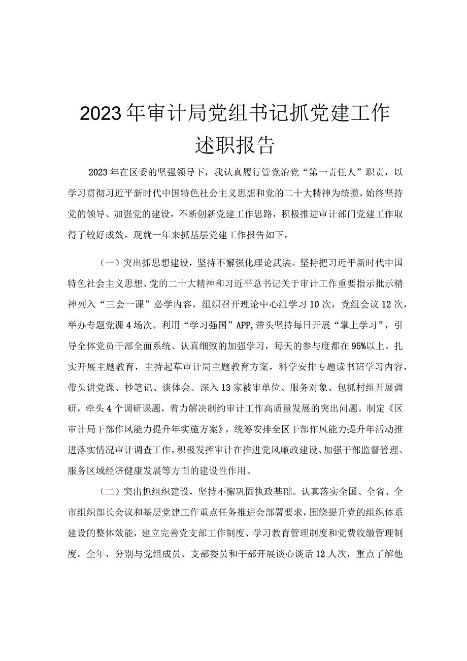 2023年审计局党组书记抓党建工作述职报告.docx_第1页