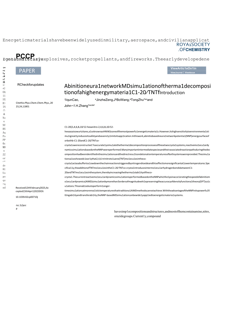 Ab initio neural network MD simulation of thermal decomposition of a high energy material CL-20／TNT.docx_第1页