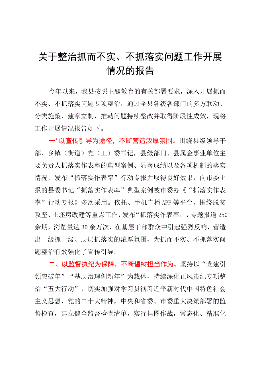 关于整治抓而不实、不抓落实 问题工作开展情况的报告.docx_第1页