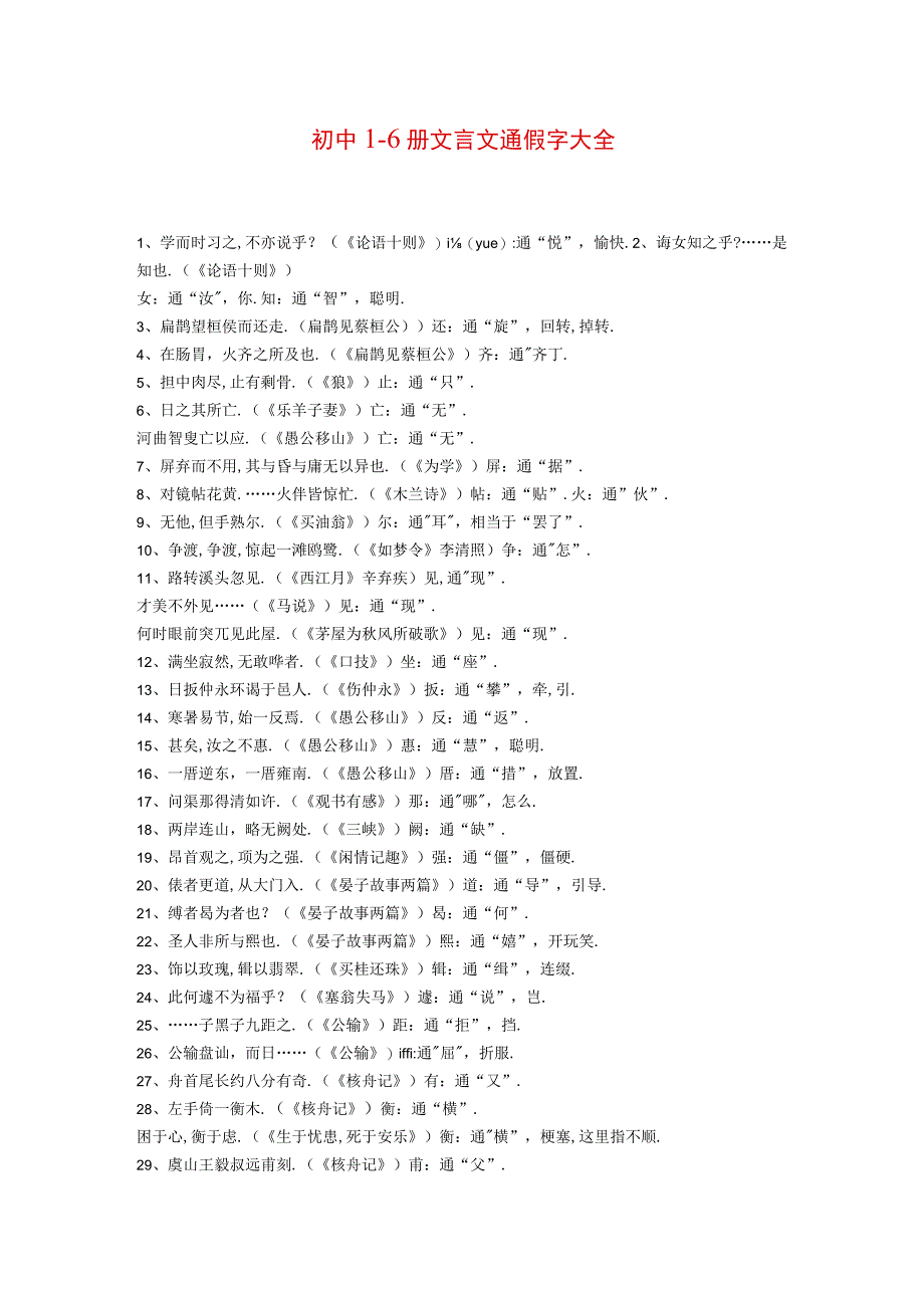 初中资料：初中16册文言文通假字、成语、重点语句翻译大全.docx_第1页