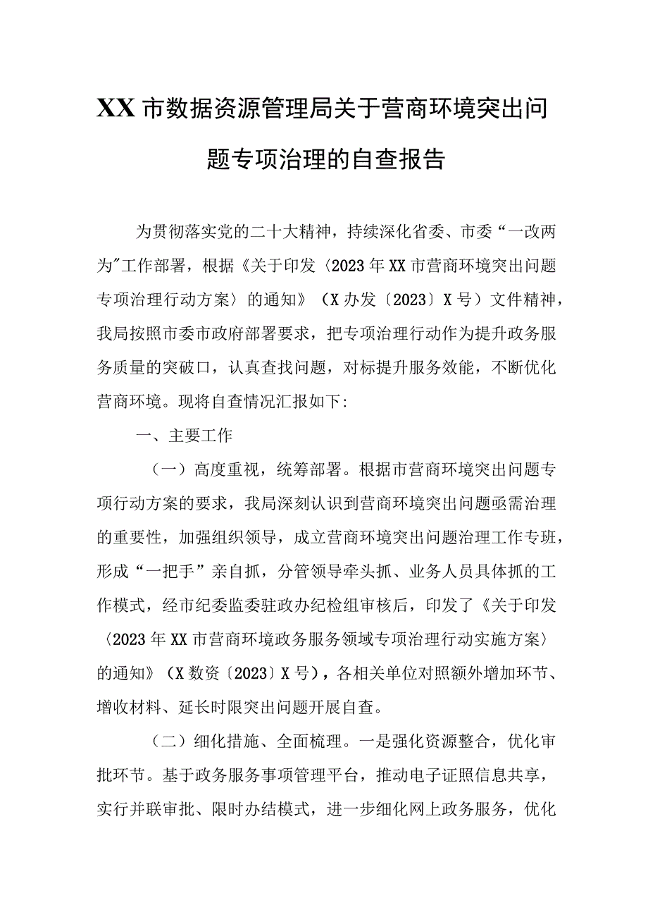 XX市数据资源管理局关于营商环境突出问题专项治理的自查报告.docx_第1页