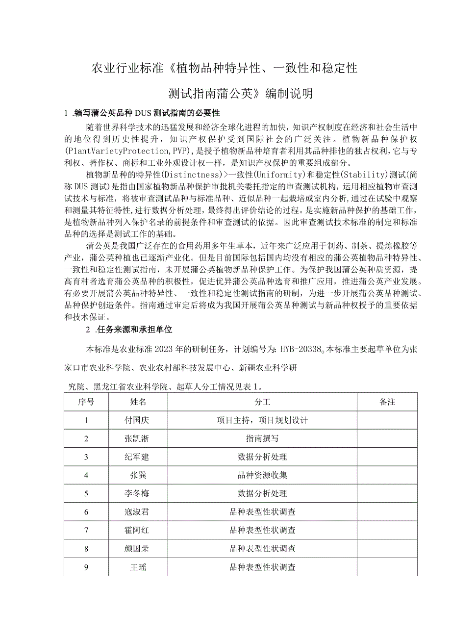 农业行业标准《植物品种特异性、一致性和稳定性测试指南蒲公英》编制说明.docx_第1页