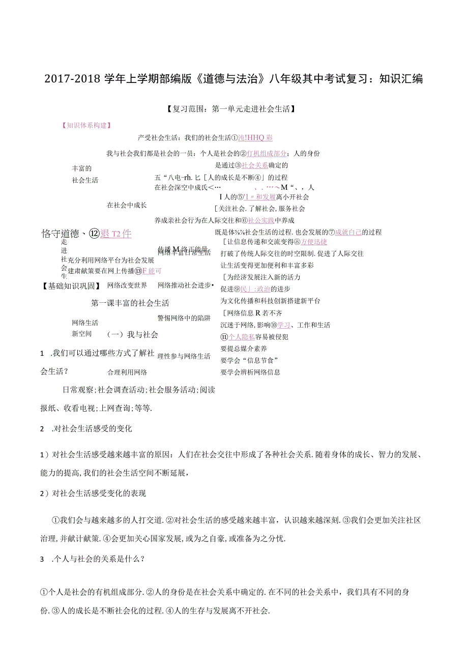 初中资料：【整合】2018学年上学期部编版《道德与法治》八年级期中复习资料：知识汇编.docx_第1页