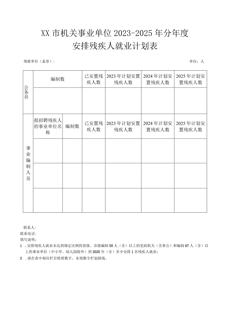 XX市机关事业单位2023-2025年分年度安排残疾人就业计划表.docx_第1页