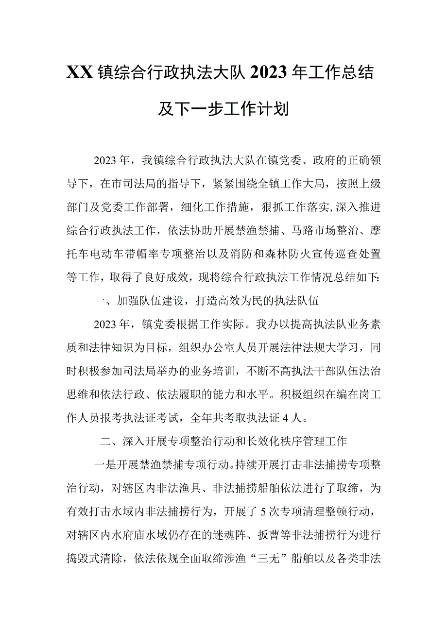 XX镇综合行政执法大队2023年 工作总结及下一步工作计划.docx_第1页