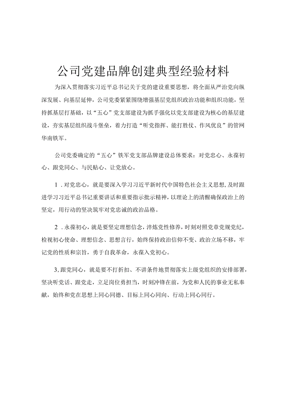 公司党建品牌创建典型经验材料.docx_第1页