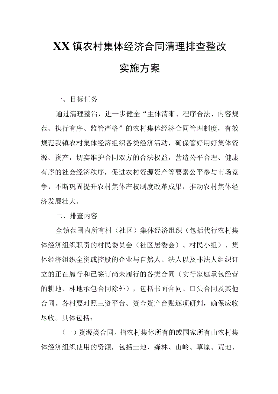 XX镇农村集体经济合同清理排查整改实施方案.docx_第1页