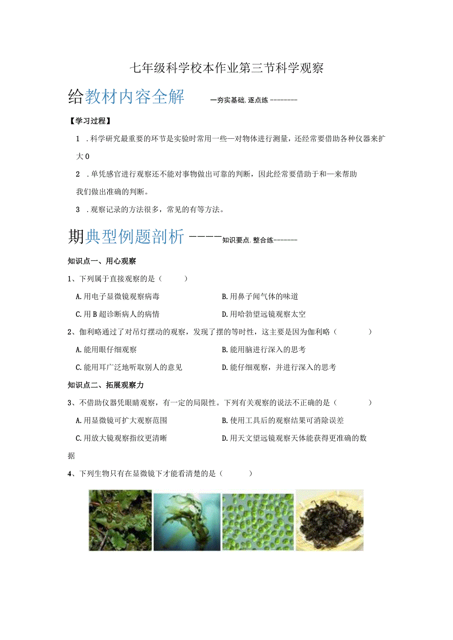 初中：七年级科学校本作业1-3 科学观察.docx_第1页