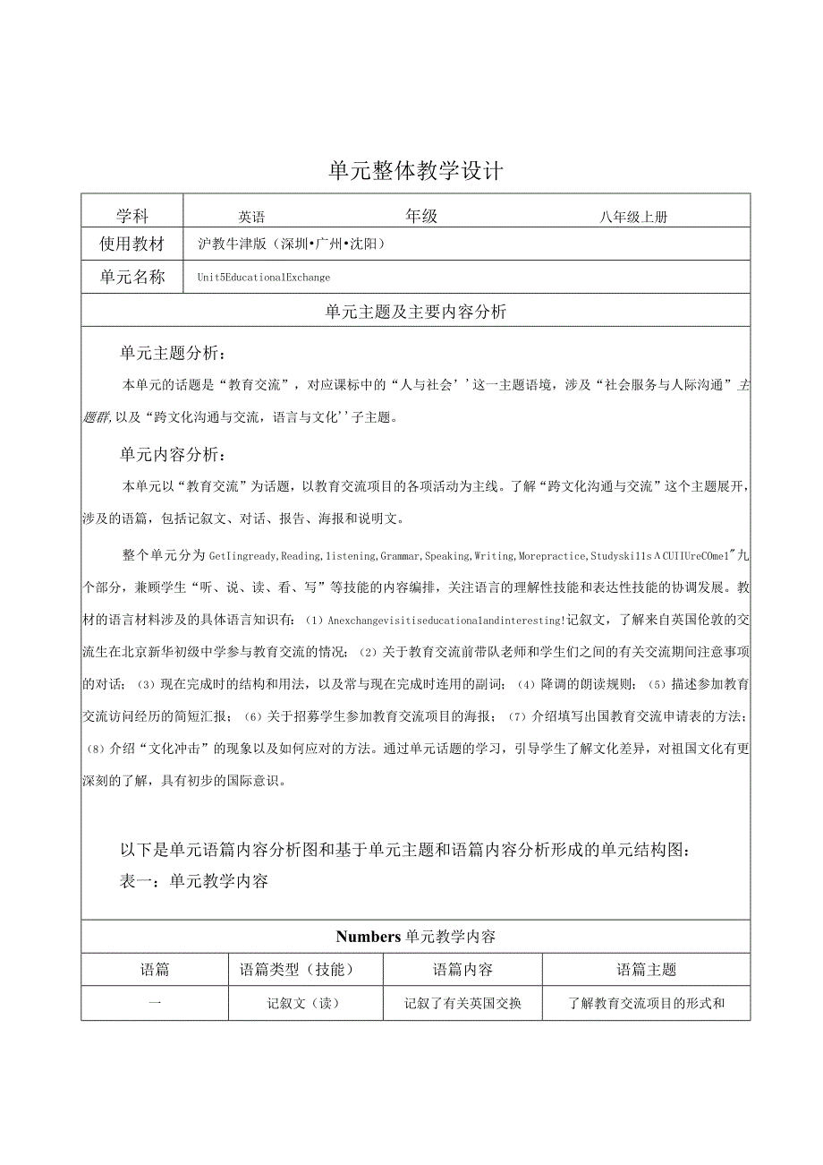 八上 Unit 5 Educational Exchange单元整体教学设计（牛津深圳版八年级上）.docx_第1页