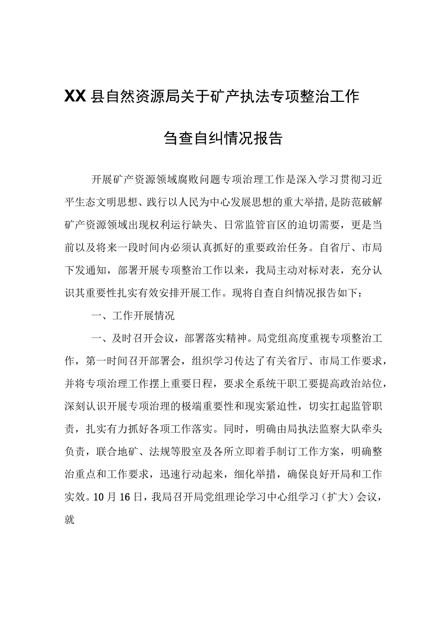 XX县自然资源局关于矿产执法专项整治工作自查自纠情况报告.docx_第1页