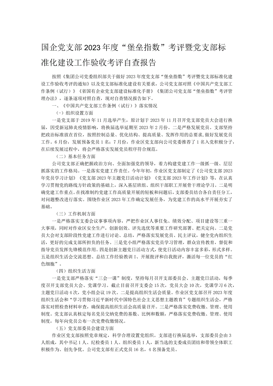 国企党支部2023年度“堡垒指数”考评暨党支部标准化建设工作验收考评自查报告.docx_第1页