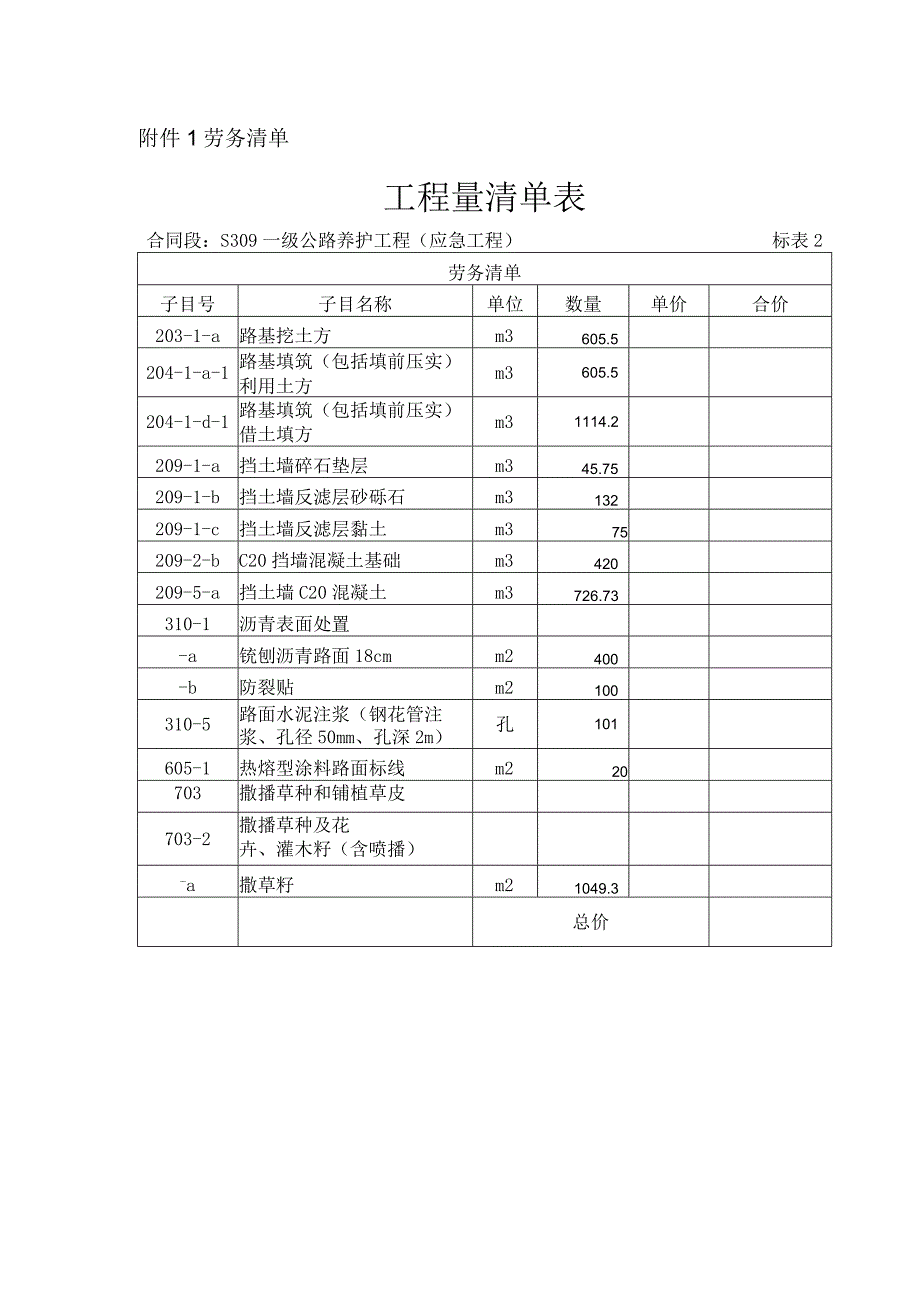 劳务清单工程量清单表.docx_第1页