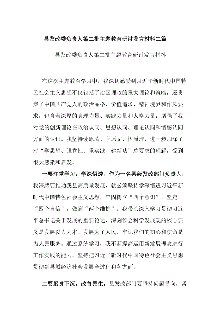 县发改委负责人第二批主题教育研讨发言材料二篇.docx_第1页