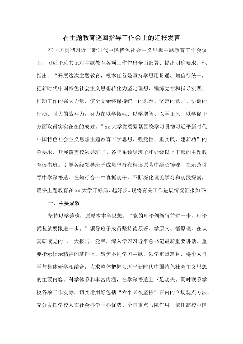 在主题教育巡回指导工作会上的汇报发言.docx_第1页