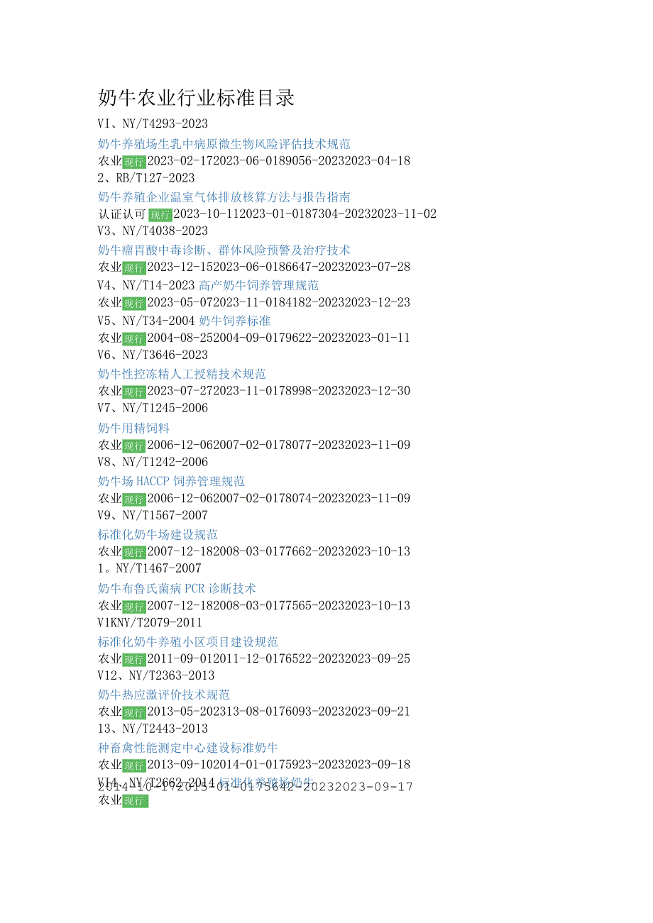 奶牛农业行业标准目录.docx_第1页