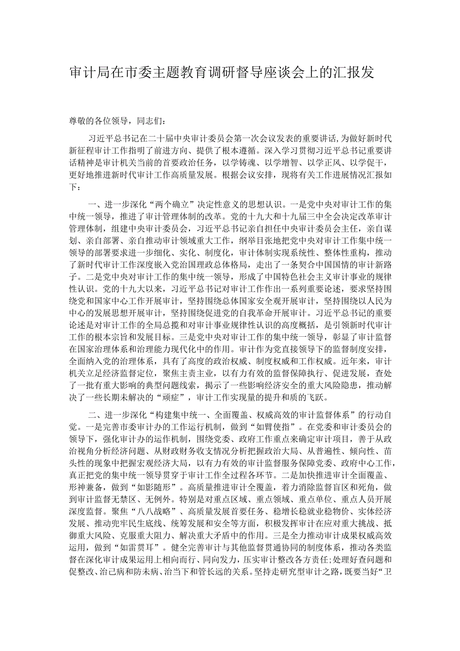 审计局在市委主题教育调研督导座谈会上的汇报发言.docx_第1页