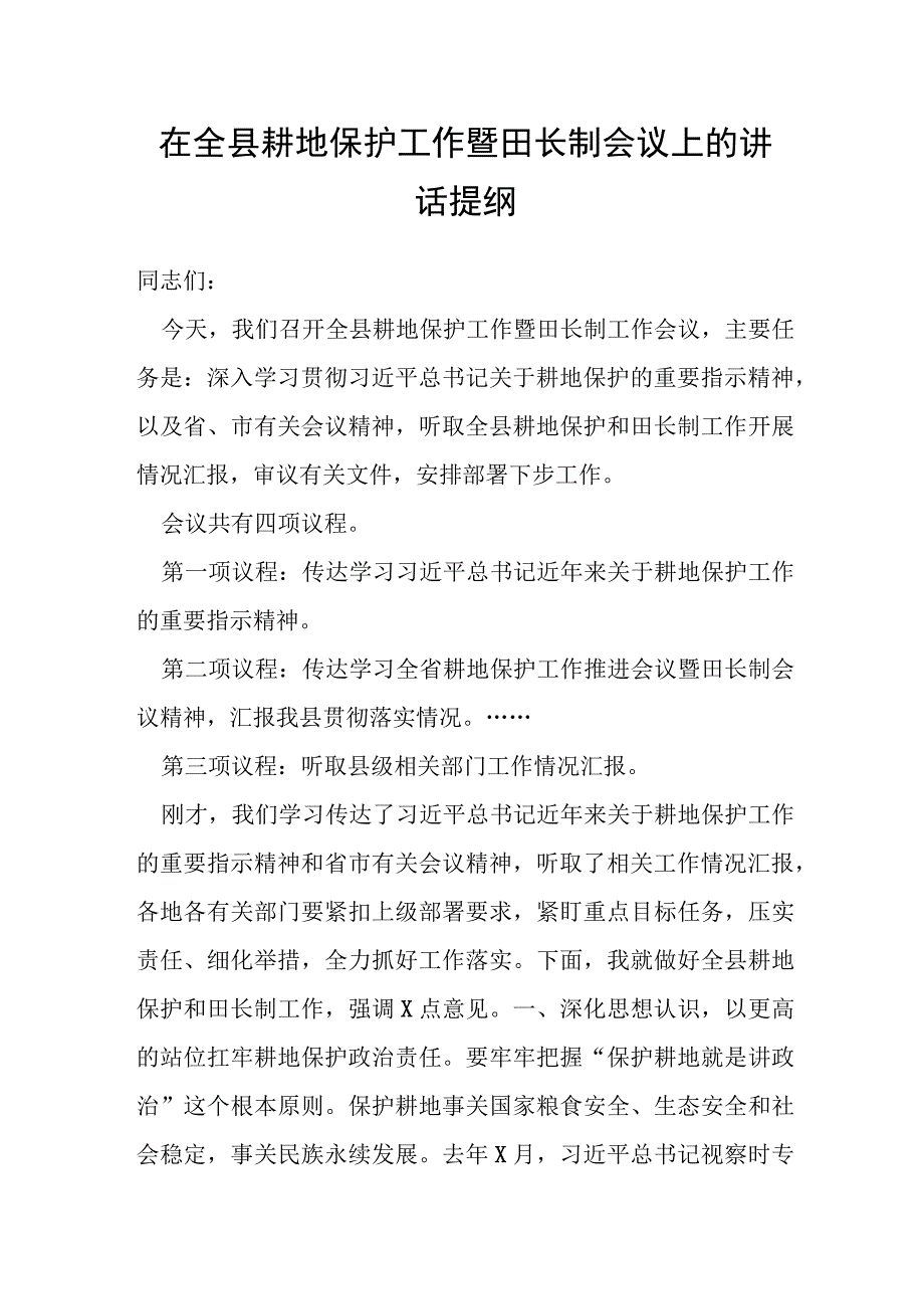 在全县耕地保护工作暨田长制会议上的讲话提纲.docx_第1页