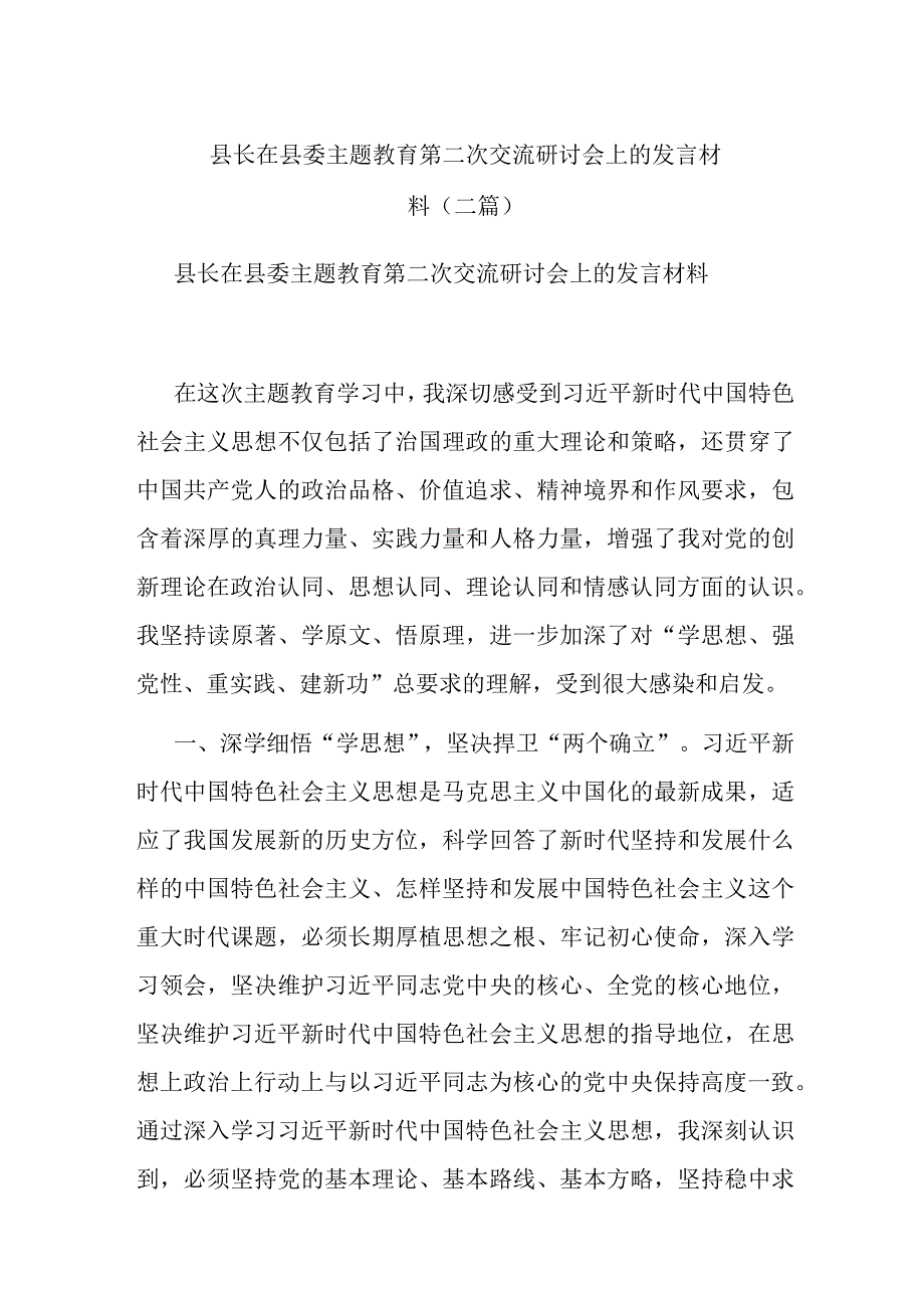 县长在县委主题教育第二次交流研讨会上的发言材料(二篇).docx_第1页