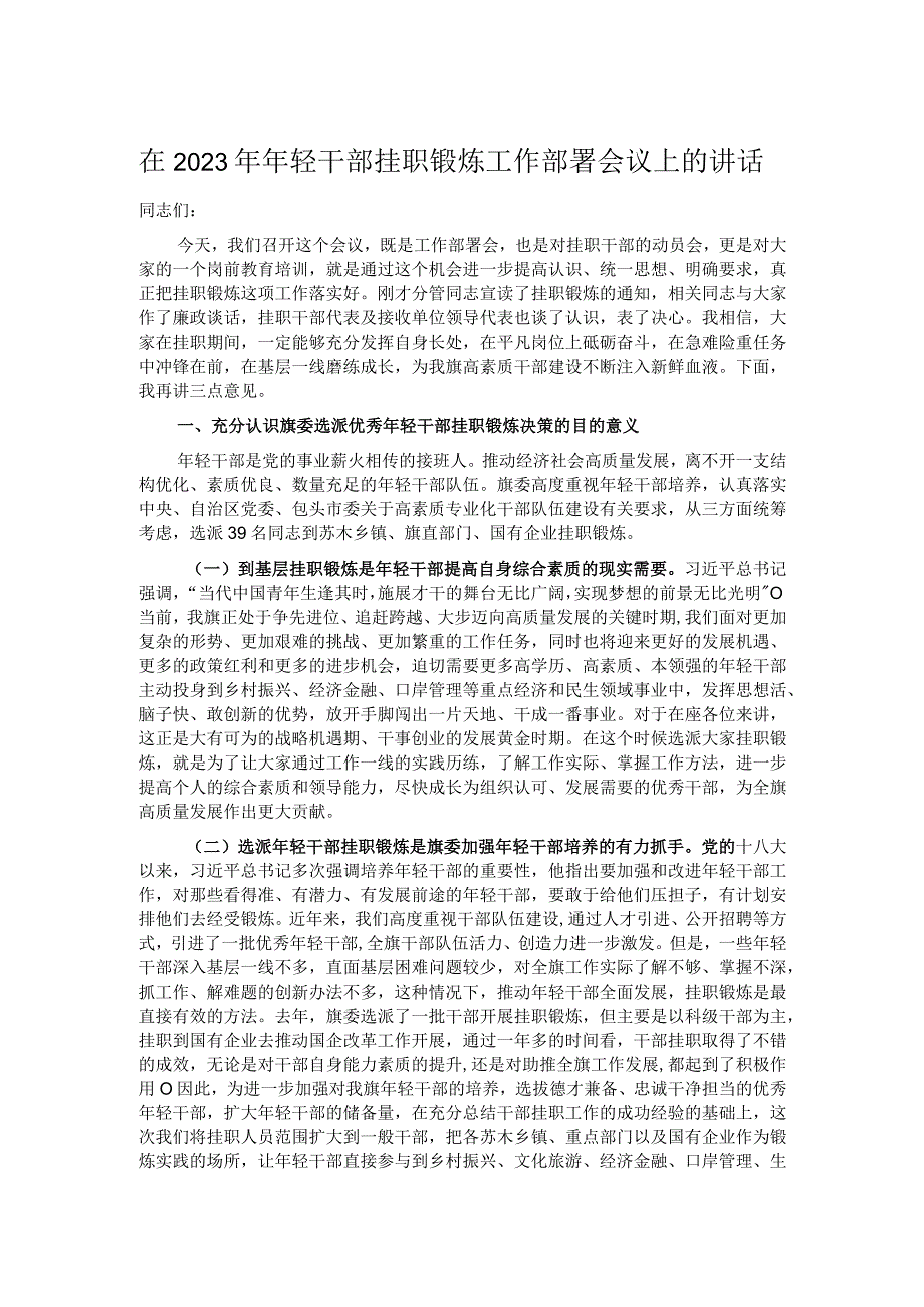 在2023年年轻干部挂职锻炼工作部署会议上的讲话.docx_第1页