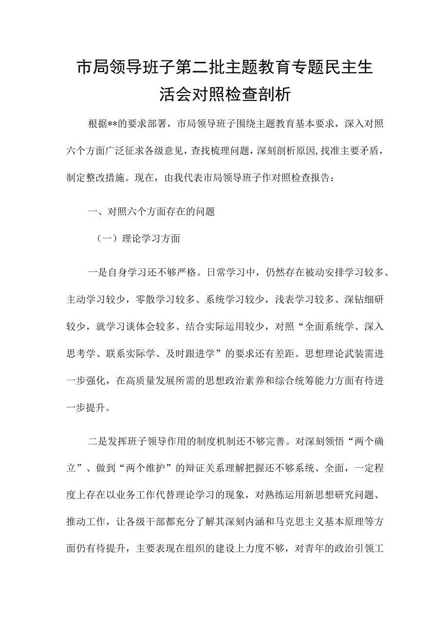 市局领导班子第二批主题教育专题民主生活会对照检查剖析.docx_第1页