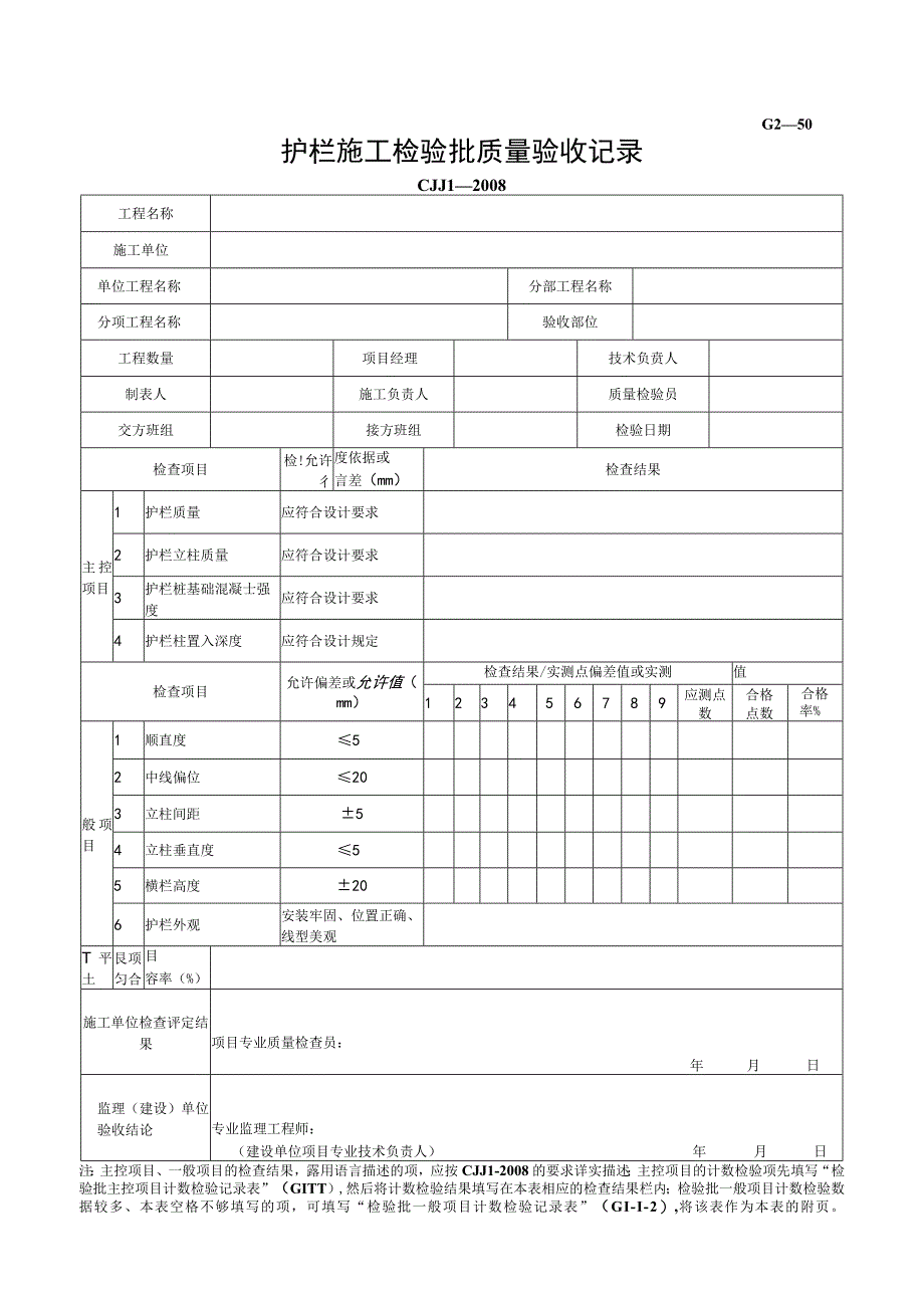 市政材料G2—50护栏施工检验批质量验收记录.docx_第1页