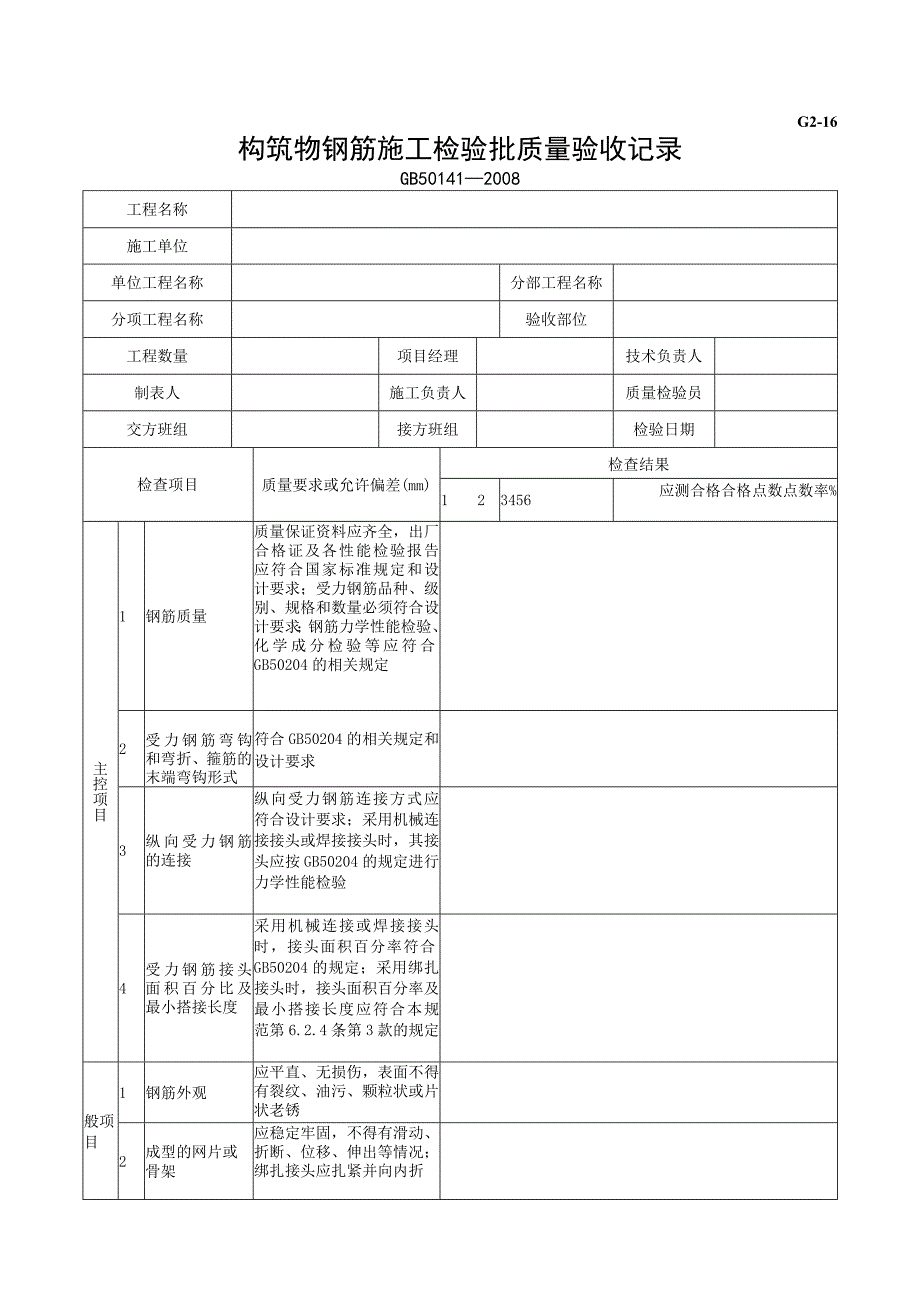 市政材料G2-16构筑物钢筋施工检验批质量验收记录.docx_第1页