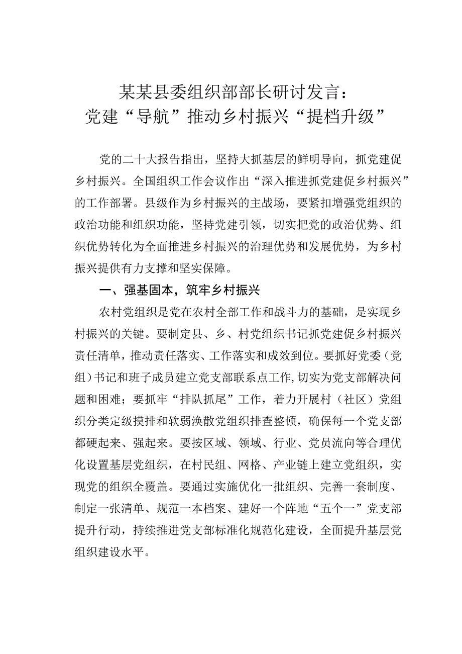 某某县委组织部部长研讨发言：党建“导航”推动乡村振兴“提档升级”.docx_第1页