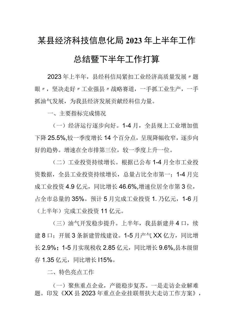 某县经济科技信息化局2023年上半年工作总结暨下半年工作打算.docx_第1页