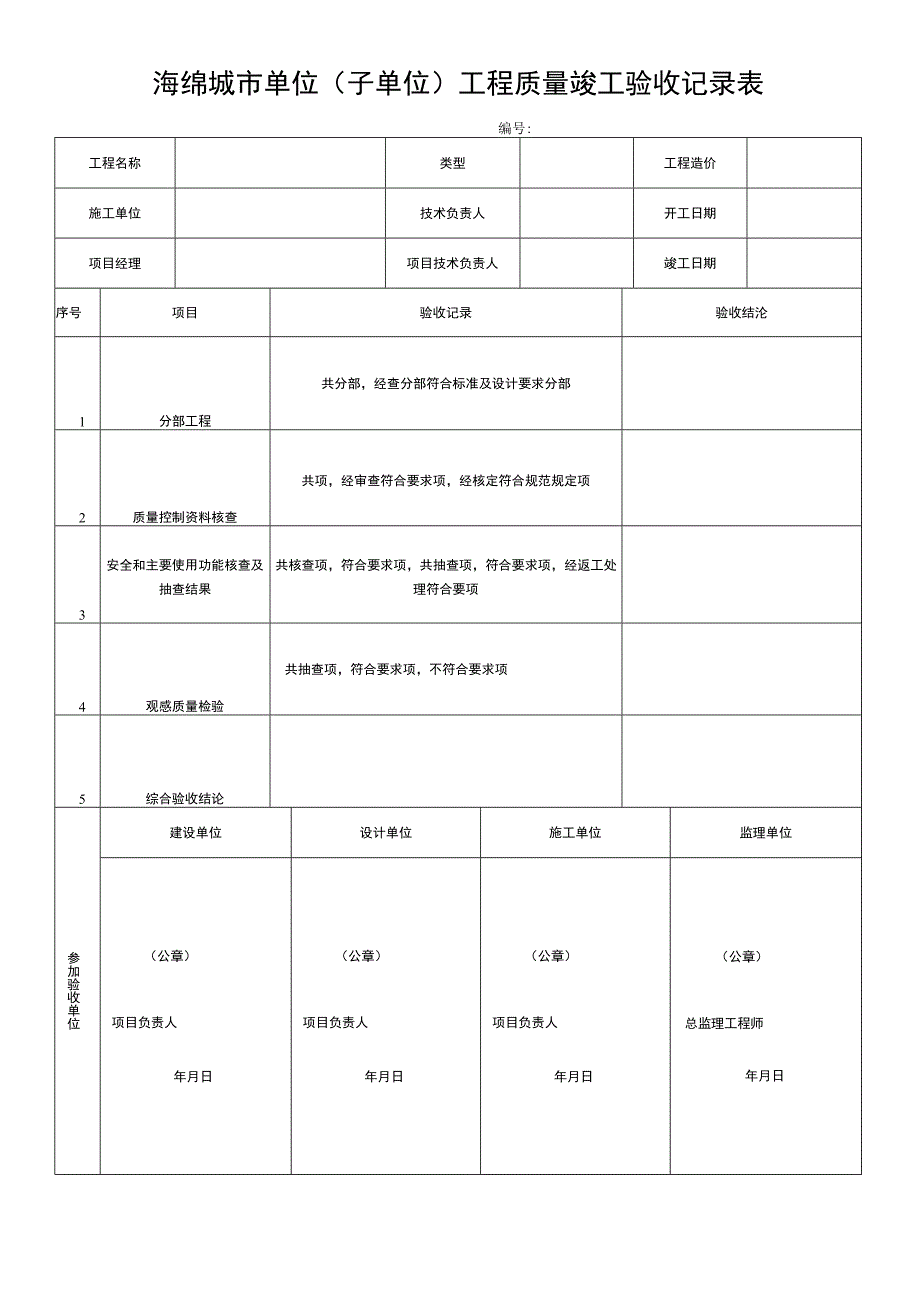 海绵城市单位（子单位）工程质量竣工验收记录表.docx_第1页