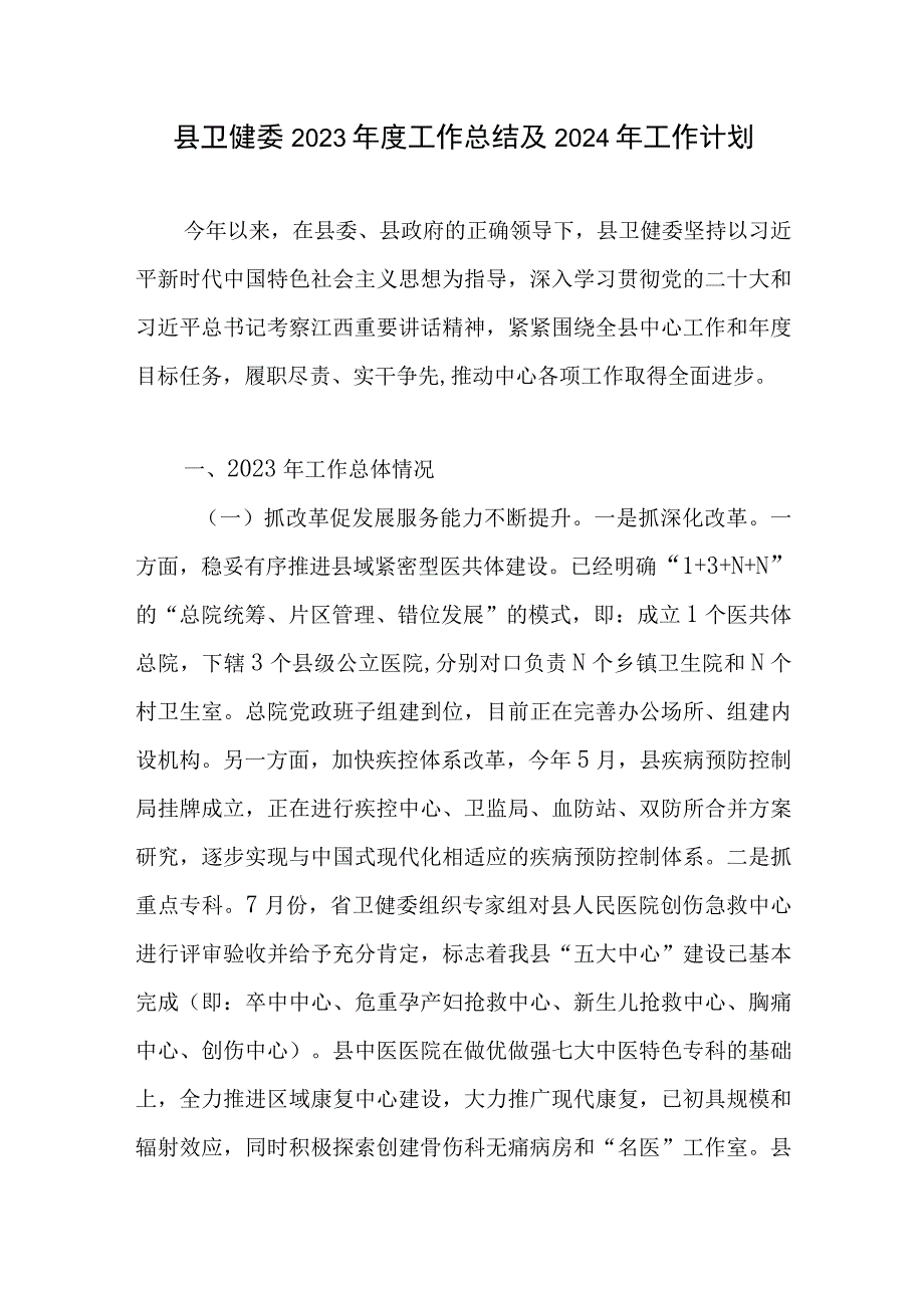 某县卫健委2023-2024年度工作总结及下一年工作计划思路安排.docx_第1页