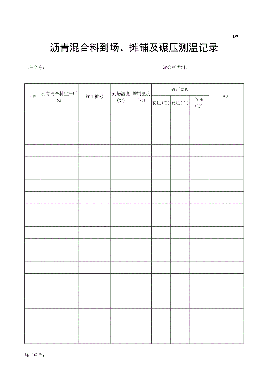 市政材料D9沥青混合料到场、摊铺及碾压测温记录.docx_第1页