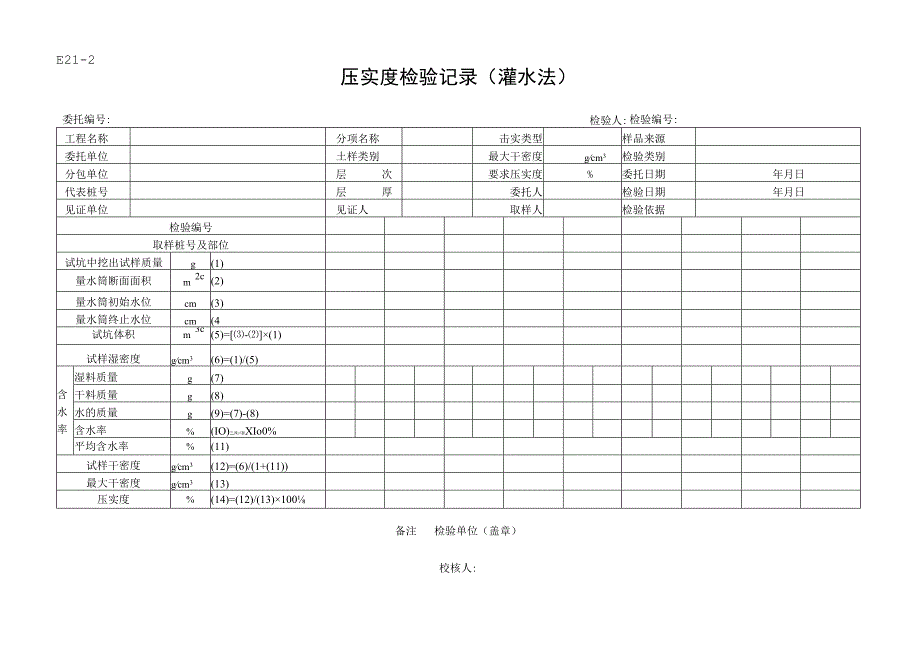 市政材料E21-2压实度检验记录（灌水法）.docx_第1页