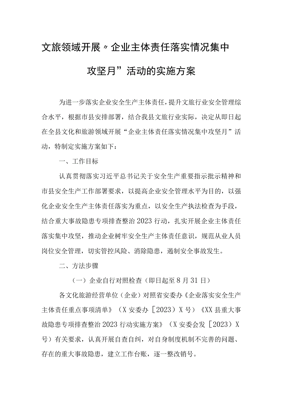 文旅领域开展“企业主体责任落实情况集中攻坚月”活动的实施方案.docx_第1页