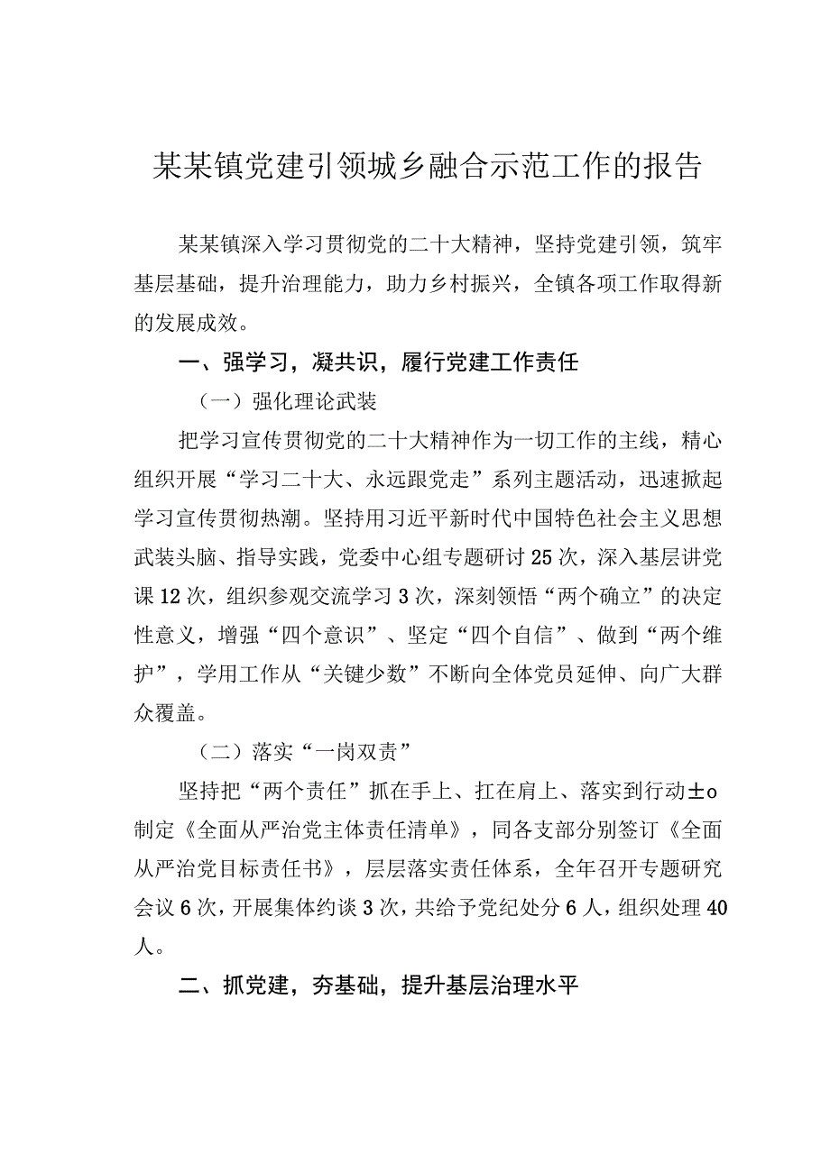 某某镇党建引领城乡融合示范工作的报告.docx_第1页