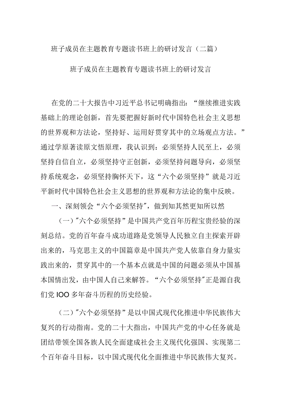 班子成员在主题教育专题读书班上的研讨发言(二篇).docx_第1页