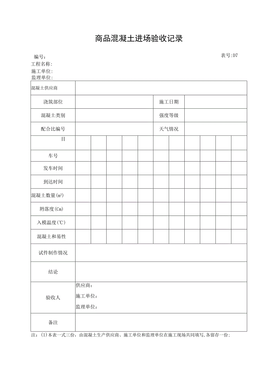 市政材料D7商品混凝土进场验收记录.docx_第1页