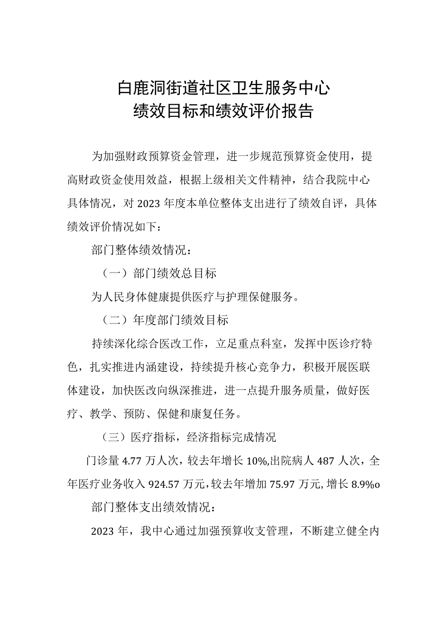 白鹿洞街道社区卫生服务中心绩效目标和绩效评价报告.docx_第1页