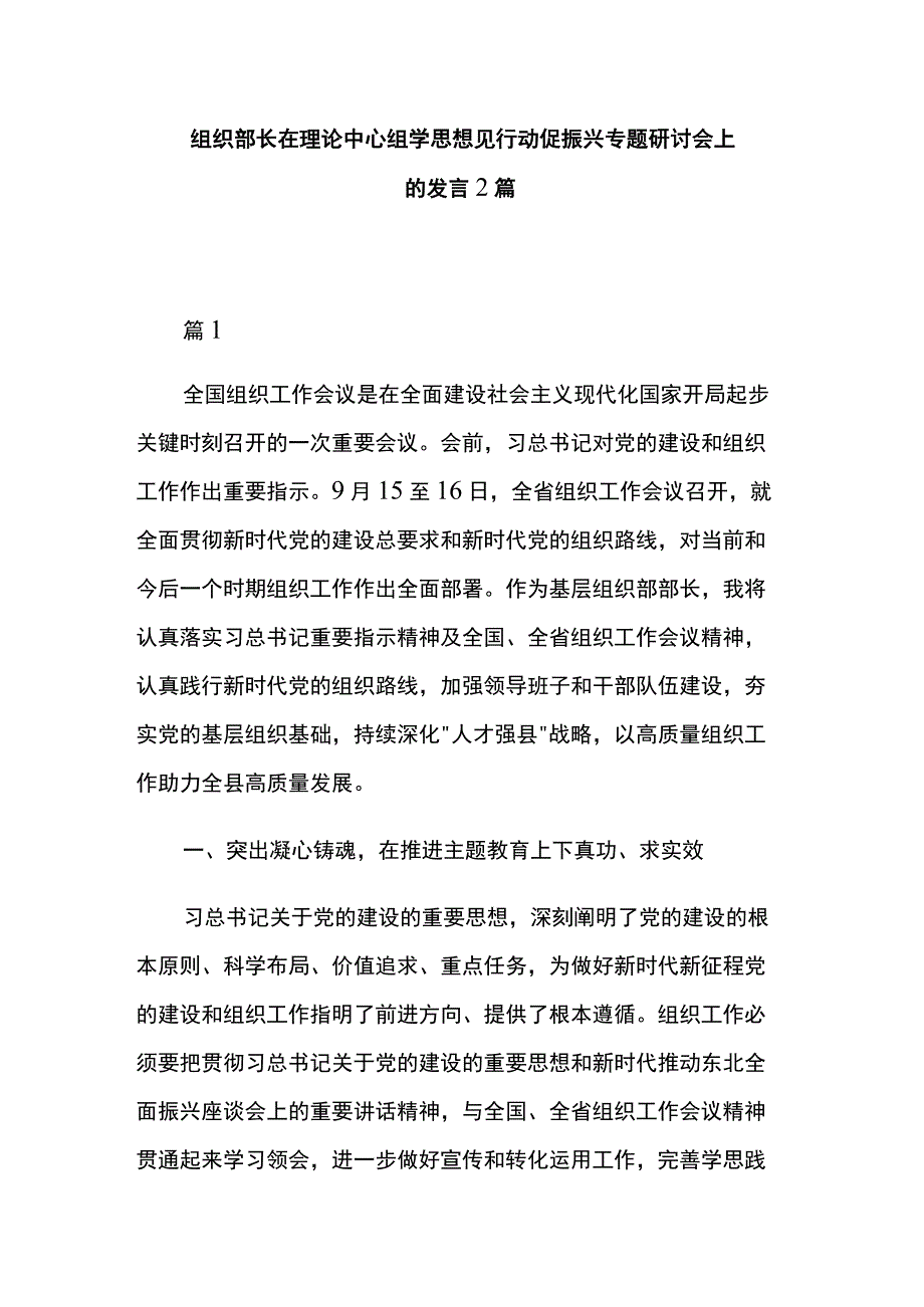 组织部长在理论中心组学思想见行动促振兴专题研讨会上的发言2篇.docx_第1页