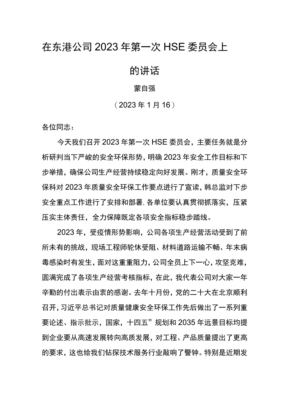 经理在东港公司 2023年第一次HSE委员会上的讲话.docx_第1页