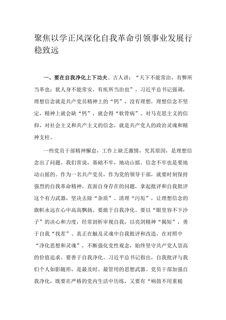 聚焦以学正风 深化自我革命 引领事业发展行稳致远.docx_第1页