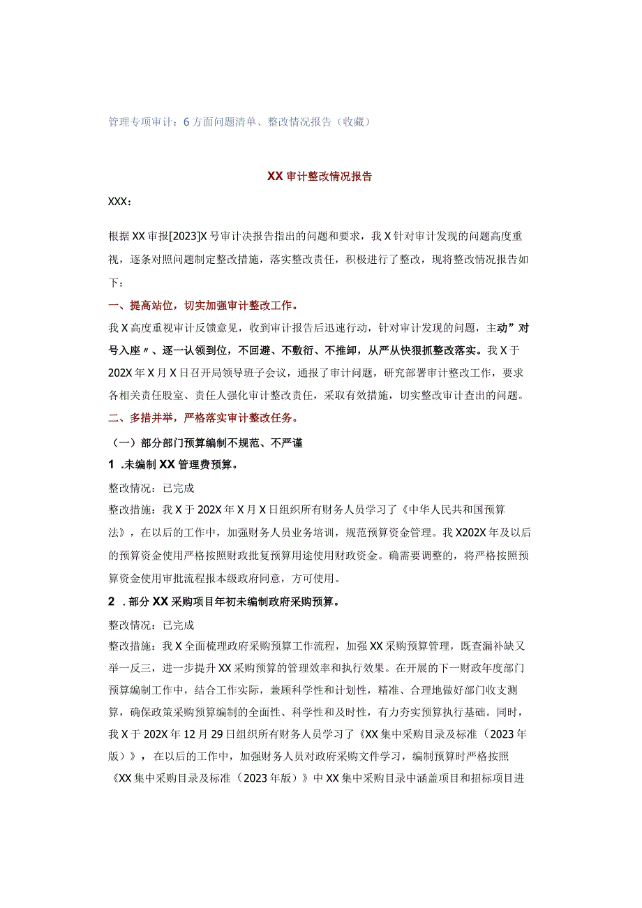 管理专项审计：6方面问题清单、整改情况报告（收藏）.docx_第1页