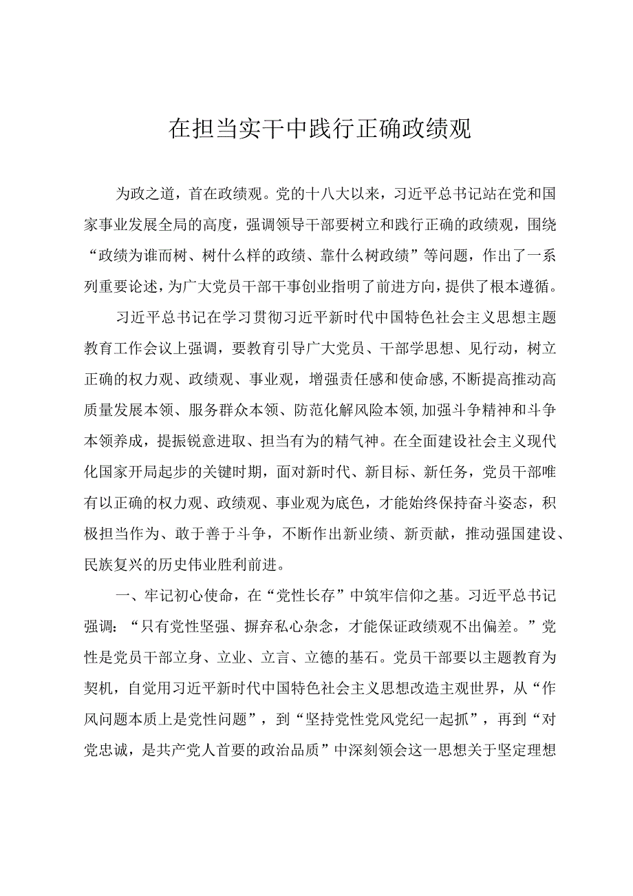 第二批主题教育研讨交流发言提纲《在担当实干中践行正确政绩观》.docx_第1页