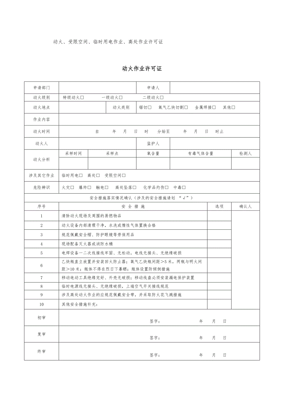 动火、受限空间、临时用电作业、高处作业许可证范本.docx_第1页