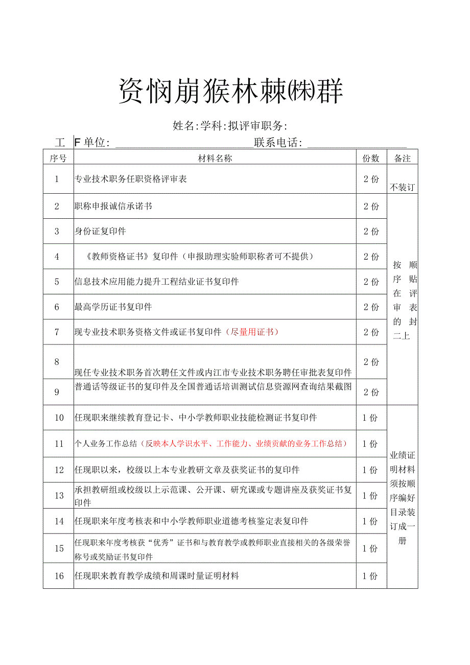 资中县评审初级职称申报材料清单.docx_第1页